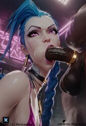 1girls ai_generated ass breasts dark-skinned_male jinx_(league_of_legends) latex latex_gloves league_of_legends league_of_legends:_wild_rift male penis pornlandlord