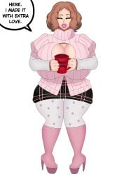 1boy 2024 bimbofication bulge color cup english_text eyes_closed fake_breasts feminization haru_okumura high_heel_boots huge_breasts hyper_breasts male male_only persona persona_5 pink_lipstick sissy sissy-hime solo solo_male tagme text text_bubble