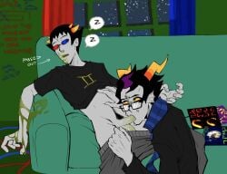 2boys black_hair clothed dork_nokia eridan_ampora grey_skin homestuck horns male/male male_only oral sitting_on_sofa sleeping sollux_captor sucking_penis tagme unconscious vomit