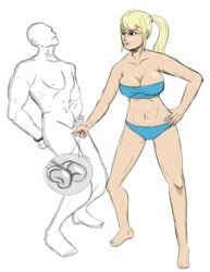 1boy 1girls anger_vein ballbusting balls balls_grab female male metroid muscular muscular_female muscular_male nintendo samus_aran squeezing squeezing_balls