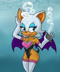 1girls air_bubbles anthro bat bat_wings boots breasts bubbles cleavage drunk_crowley female furry gloves holding_object looking_at_viewer one-piece_swimsuit rebreather rouge_the_bat sega solo sonic_(series) sonic_the_hedgehog_(series) swimsuit tail thigh_boots underwater water wings