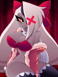 big_breasts big_breasts bow_in_hair coat eyelashes female female_focus female_only grey_hair hazbin_hotel huge_breasts huge_breasts long_hair red_bra red_eyes sitting_on_bed solo_female stockings thick_thighs vaggie_(hazbin_hotel) xan_(artist)