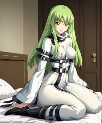 ai_generated barefeet barefoot bed bedroom big_breasts c.c. code_geass female female_focus female_only green_hair huge_ass huge_butt long_hair long_legs narrow_waist retair18 straight_hair straitjacket straps wide_hips yellow_eyes