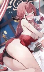 aru_(blue_archive) aru_(dress)_(blue_archive) blue_archive blush blush blush_lines blushing_at_viewer breasts cleavage cup drunk female gloves halo highres houraku large_breasts long_hair looking_at_viewer open_mouth panties red_hair smile solo squeans underwear white_gloves wine wine_glass yellow_eyes