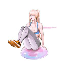 1girls airpods bimbo blonde_hair blue_eyes bra_lift breasts exercise_ball female long_hair metroid nintendo nipples pink_nails ponytail samus_aran solo sports_bra sweat white_background white_skin yoga_pants zeronis