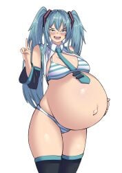 belly big_breasts bikini blush collared_bikini hatsune_miku hatsune_miku_(collared_bikini) hyper_belly peace_sign pregnant ready_to_pop smile smug striped_bikini vocaloid yuhancyan