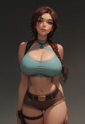 1girls ai_generated big_breasts braided_hair breasts brown_eyes brown_hair cleavage edenaiart female female_only lara_croft lara_croft_(classic) long_hair shorts slim_waist solo solo_female tank_top tomb_raider