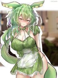 absurdres aged_up alternate_breast_size alternate_costume alternate_hairstyle apron arms_behind_back blurry blurry_background blush breasts cleavage commentary_request contrapposto cowboy_shot female green_apron hair_between_eyes highres large_breasts long_bangs long_hair looking_at_viewer muu_hachiba naked_apron open_mouth pea_pod sidelocks smile solo textless_version voiceroid voicevox yellow_eyes zundamon