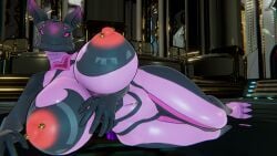 big_breasts glowing_eyes glowing_nipples laying_on_side nipple_piercing voruna_(warframe) vrchat vrchat_avatar vrchat_model warframe warframe_(species)