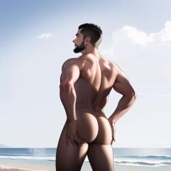 ai_generated beach, big_ass, booty, hair man,ass,sexy,gay, naked, outside,