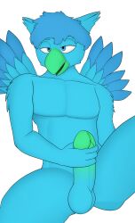 alpha_channel anthro avian balls beak bird blue_body blush digital_media_(artwork) erection feathers fur genitals gusta_(artist) hair hi_res male mammal masturbation nude penis ryan_(ryantheavian) simple_background smile solo transparent_background wings