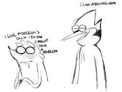 admiration anthro avian bird blue_jay blush bodily_fluids cartoon_network corvid degradation dialogue drawing drooling duo english_text fur implied_abuse jay_(bird) larger_male male male/male mammal mordecai_(regular_show) nervous new_world_jay open_mouth oscine passerine praise praise_kink procyonid raccoon ranranparadoxx regular_show rigby_(regular_show) saliva simple_background size_difference smaller_male smile talking_to_another text tuft white_body