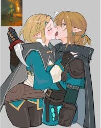 1boy 1girls blonde_hair elf elf_ears elf_female hatenokatasumi kissing knife link link_(tears_of_the_kingdom) miwa princess_zelda tears_of_the_kingdom the_legend_of_zelda tongue_kiss yiga_clan yiga_zelda zelda_(tears_of_the_kingdom)