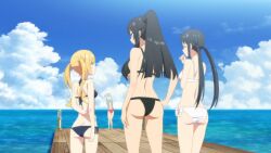 4girls alternate_hairstyle arifureta_shokugyou_de_sekai_saikyou arm_behind_back ass beach big_ass big_breasts bikini black_bikini black_hair blonde_hair blue_bikini blue_eyes breasts bunny_ears bunny_girl busty closed_eyes fat_ass female female_only from_behind hand_on_hip hi_res large_breasts legs long_hair low_twintails medium_breasts multiple_girls ocean pink_bikini pointy_ears pose posing red_eyes sensual shea_haulia shirasaki_kaori sideboob smile thighs tio_klarus topless twin_braids twintails voluptuous water white_bikini yellow_eyes yue_(arifureta)