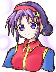 1girls athena_asamiya female hair_bun hair_ornament king_of_fighters light-skinned_female light_skin long_hair looking_at_viewer medium_breasts pale-skinned_female pale_skin purple_eyes purple_hair smile smiling_at_viewer star tied_hair