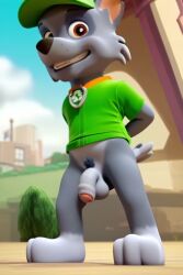 1boy ai_generated balls canid canine domestic_dog flaccid_penis foreskin from_below furry furry_male furry_only grin looking_at_viewer male male_only paw_patrol pubic_hair rocky_(paw_patrol) slim standing