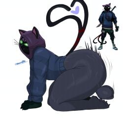 absurd_res anthro ass ass_dent ballsack big_ass big_balls big_butt bodily_fluids bottomless cartoonwizzard clothed clothing domestic_cat duplicate epic_games felid feline felis femboy fortnite fur gay genitals hi_res hood huge_butt huge_cock humanoid_genitalia humanoid_penis hyper hyper_genitalia hyper_penis looking_at_viewer looking_back looking_back_at_viewer lying male male_only mammal nyanja_(fortnite) shaking_ass shaking_butt side_view solo sweat sweaty_butt white_background