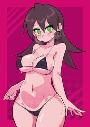 bikini blush brown_eyes brown_hair buzzlyears capcom earrings green_eyes huge_breasts long_hair mega_man mega_man_legends tron_bonne voluptuous