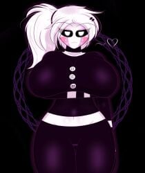 1girls 4k arm_under_breasts big_breasts blush blushing_at_viewer breasts breasts_bigger_than_head five_nights_at_freddy's five_nights_at_freddy's_2 five_nights_in_anime front_view glowing_eyes gothtrishy heart hi_res highres huge_breasts long_hair looking_at_viewer makeup marionette_(fnaf) messy_hair ponytail puppet_(fnaf) scottgames shiny shiny_clothes shiny_hair thick thick_thighs thighs tight_clothing tight_fit white_eyes