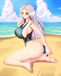 absurdres aged_up ass beach blush breasts eri_(my_hero_academia) feet female female_only highres horn large_breasts long_hair looking_at_viewer my_hero_academia older one-piece_swimsuit red_eyes shounen_jump sitting sky solo_female startop swimsuit thighs water white_hair