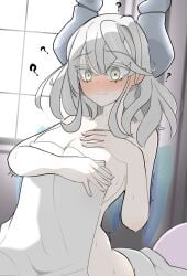 ? bedroom closed_mouth clueless covering covering_breasts curvy embarrassed huge_breasts labrynth_of_the_silver_castle morning naked_blanket plump sweaty voluptuous waking_up wavy_mouth yu-gi-oh!