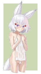 agemmata animal_ear_fluff animal_ears bare_shoulders closed_mouth collarbone cowboy_shot english_commentary female female_pubic_hair flat_chest fox_ears fox_tail highres light_blush looking_at_viewer nail_polish naked_towel phase_connect pubic_hair purple_eyes short_hair smile solo standing tail tenma_maemi thick_eyebrows thigh_gap towel virtual_youtuber wet wet_pubic_hair white_hair white_nails