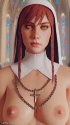 1girls 3d ai ai_generated almost_naked almost_nude breasts chainsaw_man christian_cross christianity church close-up female female_only freckles long_hair looking_at_viewer makima_(chainsaw_man) necklace nipples nun nun_hat nun_outfit perry_cracker red_hair watermark yellow_eyes