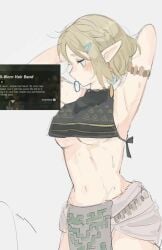 1girls armpits blonde_hair elf elf_ears elf_female hair_band hatenokatasumi midriff miwa princess_zelda tears_of_the_kingdom the_legend_of_zelda underboob zelda_(tears_of_the_kingdom) zonai_outfit