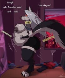 absurd_res anthro apartment areola ass bedroom belly big_areola big_belly big_breasts big_butt big_nipples big_tail bottomwear breasts canid canid_demon canine canis city city_background claws clothed clothing collar cursed cursed_collar cursed_object dark_nipples demon english_text erect_nipples fart feces feces_pile female finger_claws fingerless_gloves gloves hair handwear hellaverse hellhound helluva_boss hi_res inflation long_hair looking_at_self loona_(helluva_boss) magic mammal mirror mythological_canine mythological_creature mythology nipples overweight partially_clothed profanity reflection scat_inflation scatplay shorts side_view solo stirrup_legwear tail text toby_art toe_claws topwear wolf