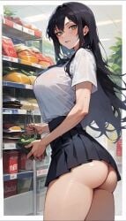 ai_generated ass ass_cleavage big_breasts black_hair exhibitionism food green_eyes large_breasts long_hair looking_at_viewer no_panties public see-through_shirt see_through_clothing shopping short_shirt skirt standing store thick_thighs