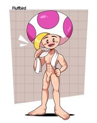 5_fingers 5_toes abs after_shower big_head blonde_hair bodily_fluids feet fingers fluffbird fuckboy gay genitals hair hi_res male mario_(series) mario_bros muscular muscular_male nintendo nude paper_mario paper_mario:_the_thousand_year_door penis prince_mush skinny small_penis solo sweat toad_(mario) toes toony towel towel_around_neck wet