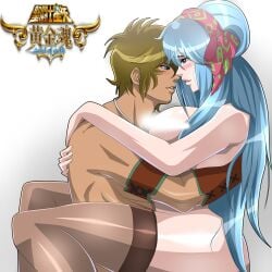 1boy 1girls ass ass_focus big_ass big_breasts big_butt blue_hair blush blushing_female breasts breasts_focus brown_hair busty couple duo duo_focus eyebrows eyelashes fat_ass fat_breasts female female_focus flushed flushed_face god_warriors gold_saints grabbing grabbing_back hair_ornament hand_on_back heterosexual highres legs leo_aiolia light_blue_hair light_skin light_skinned_female long_hair looking_at_another looking_into_eyes lyfia male male/female male_focus purple_eyes saint_seiya short_hair shounen_jump straight teeth thick_thighs thighhighs thighs very_long_hair voluptuous voluptuous_female wide_hips