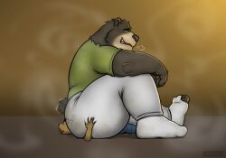 anthro ass bear big_butt big_dom_small_sub bodily_fluids butt_crush clothed clothing crush dominant duo facesitting footwear hi_res holding_butt lesicko lying male male/male mammal musk musk_clouds musk_fetish musky_butt musky_feet on_back sitting_on_another size_difference slightly_chubby slightly_chubby_anthro slightly_chubby_male socks sweat sweaty_bottomwear sweaty_butt sweaty_clothing sweaty_pants thick_thighs