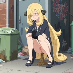 ai_generated blonde_hair blush cynthia_(pokemon) female grey_eyes light-skinned_female long_hair long_hair_female petite petite_body petite_female pokemon_dppt scat shit skinny squatting