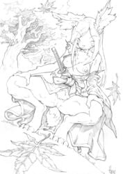 absurd_res anthro asian_clothing big_breasts breasts clothing comic digitigrade drawing east_asian_clothing female genitals hair hasuki hi_res japanese_clothing kimono lagomorph leaf leporid long_hair mammal manga melee_weapon monochrome outside pencil_(disambiguation) pussy rabbit robe samurai solo spreading sword tree warrior weapon