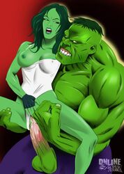 1boy 1girls anal big_penis breast_slip breasts carrying cousins eye_contact female hulk hulk_(series) incest male marvel marvel_comics muscular nipples one_breast_out online_superheroes rough_sex she-hulk straight unknown_artist