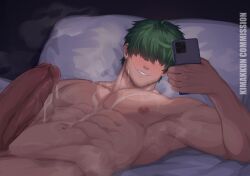 1boy abs armpits bara blush cellphone commission completely_nude cum cum_on_body cum_on_male cum_on_pectorals cum_on_stomach english_commentary erection fire_emblem fire_emblem:_the_blazing_blade green_hair hair_over_eyes highres holding holding_phone kimakkun large_pectorals large_penis lowen_(fire_emblem) lying male_focus muscular muscular_male navel nipples nude on_back on_bed paid_reward_available pectorals penis phone pillow smartphone smile solo