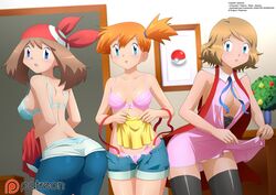 3girls ass bandana black_legwear blue_bra blue_eyes blue_panties breasts brown_hair female female_only jean_shorts kasumi_(pokemon) looking_at_viewer may_(pokemon) misty_(pokemon) multiple_girls orange_hair pink_bra pink_dress pink_panties pokemon pokemon_(anime) pokemon_rgby pokemon_rse pokemon_xy ponytail rubber_shorts serena_(pokemon) short_hair shorts suspenders twintails undressing white_skirt yuri zel-sama