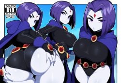 ai_generated ass ass_focus ass_grab booty dat_ass dc dc_comics doujin_cover female grey_body huge_ass huge_breasts leotard mullon novelai purple_eyes purple_hair rachel_roth raven_(dc) solo superheroine that_ass_was_fat voluptuous voluptuous_female