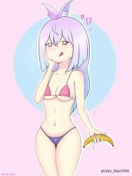 1girls 2020s 2022 animal_ear_fluff banana bikini breasts heart heart-shaped_pupils hyogayome indie_virtual_youtuber kangaroo_ears light-skinned_female light_skin painted_nails purple_hair red_eyes thighs tongue tongue_out two_tone_hair virtual_youtuber