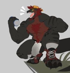 absurd_res anthro balls beard body_hair bulge chest_hair clothing digital_drawing_(artwork) digital_media_(artwork) dottodottodott0 facial_hair footwear genitals hair hat headgear headwear hi_res male muscular muscular_anthro muscular_male scalie socks tagg teeth toeless_footwear