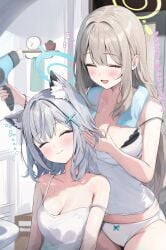 2girls bare_shoulders blonde_hair blue_archive blush breasts cleavage grey_hair highres houraku large_breasts long_hair multiple_girls nonomi_(blue_archive) open_mouth shiroko_(blue_archive) smile tagme