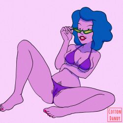 bikini blue_hair doug glasses glasses_on_face legs_apart legs_spread lipstick looking_at_viewer milf mole mother nail_polish pubic_hair purple_bikini purple_skin theda_funnie