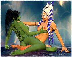 2girls 3d ashara_zavros ass black_hair ethakar giuletta green_skin groping_breasts hand_on_breast hand_on_neck medium_breasts mirialan nude nude_female orange_skin original_characters star_wars tattoo togruta yuri