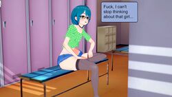 3d caption comic emotioncreator femboy gideonlover glasses green_eyes illusion_soft locker_room solo solo_male thinking