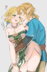 blonde_hair blush elf elf_ears elf_female hand_on_chin hands_around_torso hatenokatasumi heart link link_(tears_of_the_kingdom) miwa princess_zelda puppet_zelda tears_of_the_kingdom the_legend_of_zelda thick_hips translation_request zelda_(tears_of_the_kingdom) zonai_outfit