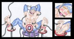 1boy blonde_hair blush bound_and_gagged captain_america drooling feet forced_orgasm gagged gay ink male_feet male_tickling marvel marvel_comics muscular_male no_visible_genitalia ripped_clothing steve_rogers stirrups sweating_profusely tears tickle_torture tickling tickling_armpits tickling_belly tickling_feet tickling_machine tickling_thighs trueticklefanatic writing_on_feet