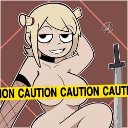 1girls arm_behind_head arm_up black_eyes blonde_hair caution_tape elbow_gloves female fishnet_armwear fishnets gloves hair_bun nude nude_female roxanne_richter scott_pilgrim short_hair sleepyloungeart solo solo_female sword tape weapon