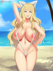 1girls armpits beach big_breasts blonde_hair blue_eyes bow breasts charlotte_(fire_emblem) devilukez female female_focus female_only fire_emblem fire_emblem_fates huge_breasts large_breasts long_hair mostly_nude nintendo nipples seaside skimpy skimpy_clothes sling_bikini solo solo_female solo_focus swimsuit very_long_hair voluptuous