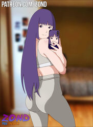 1girls ass back_view boruto:_naruto_next_generations cellphone dat_ass female female_only fully_clothed hair_down holding_object holding_phone kakei_sumire leggings long_hair looking_at_viewer looking_back naruto naruto_(series) posing purple_eyes purple_hair selfie tank_top zond